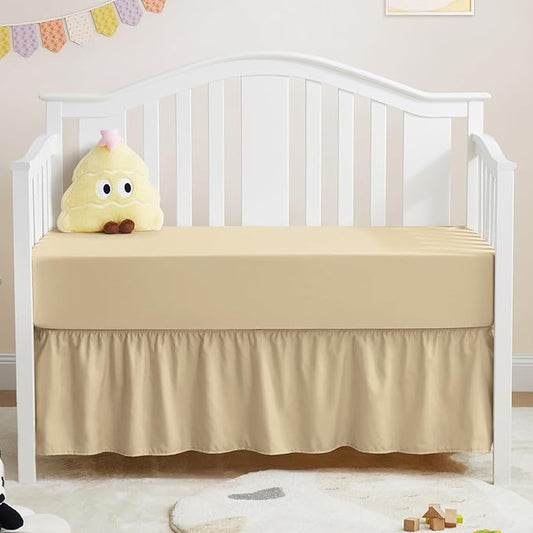Horbaunal 2 Pack Set Crib Skirt & Crib Bed Sheet, Khaki Crib Bed Skirt 28" x 52" with 14" Drop Dust Ruffle, Soft Microfiber Toddler Bedskirt Nursery Bedding Skirt for Baby Girls and Boys