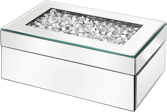 Luxury Mirrored Jewelry Box with Crushed Diamond - Glass Jewelry Box Organizer Storage for Women, Ring Holder Case for Dresser and Decorative