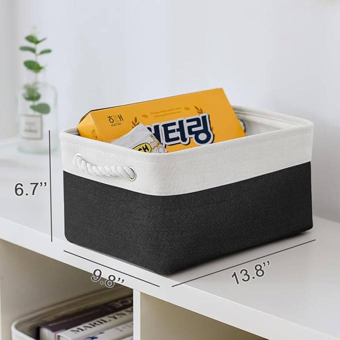 TheWarmHome Storage Basket for Organizing - 3 Pack 13.8x9.8x6.7 inch Medium Collapsible Storage Bin for Shelves with Handles Organizer Closet Cubes Cloth Gift Toy (White & Black)