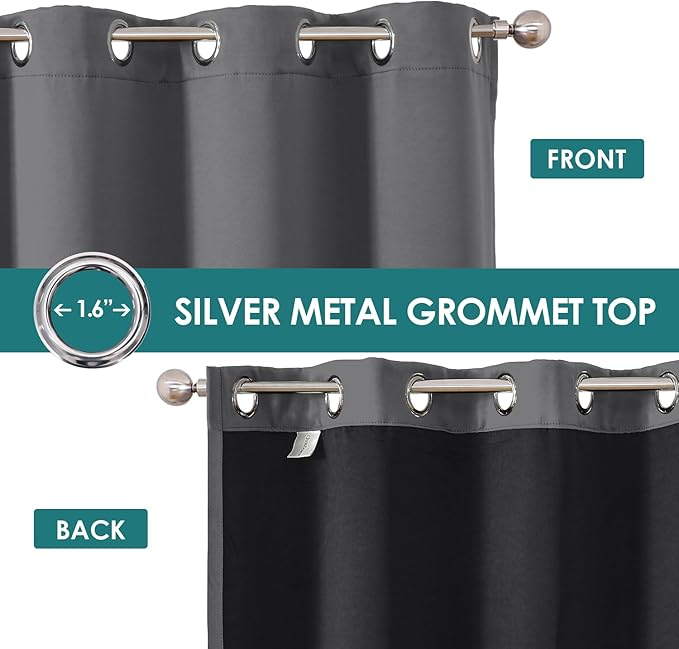 ChrisDowa 100% Blackout Curtains 63 inch Long for Bedroom with Black Liner, Extra Wide 2 Thick Layers Total Blackout Thermal Insulated Grommet Window Curtains 2 Panels Set (Grey, 60 x 63 Inch)