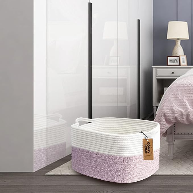 COMFY-HOMI Cotton Rope Woven Medium Basket with Handles for shelf，Cloth Storage Basket for Organizing-13.5X11X9.5 Storage Bin for Bedroom, Newborn or Infant Gift for boy girl （White/Pink）