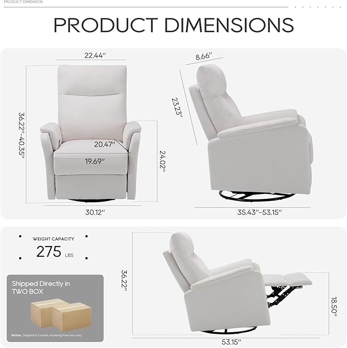 COLAMY Swivel Recliner Chair with Footrest, Rocker Glider Chair High Back with Double-Layer Cushion, Rocker Recliner for Nursery & Living Room, Bedroom, White