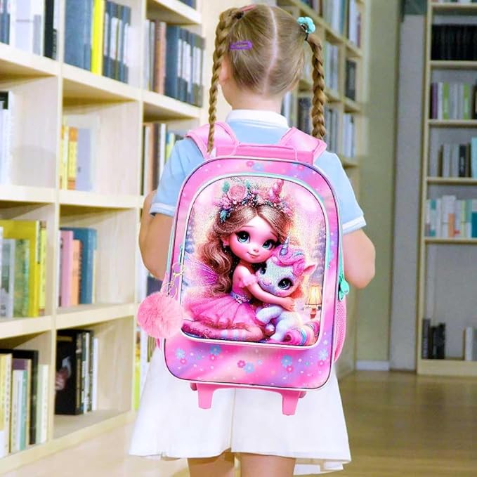gxtvo Girls Rolling Backpack, Cute Unicorn Roller Wheels Kids Bookbag - Wheeled Elementary School Bag