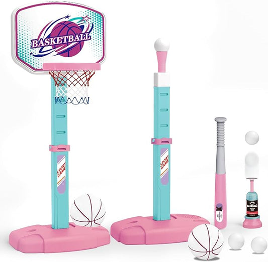 3 in 1 Basketball Hoop and Tee Ball Set for Girls: Baseball Tee with Automatic Pitching Machine Adjustable Height Outdoor and Indoor Sports Toys Christmas Birthday Gift for Kids Age 1-8 Year Old Pink