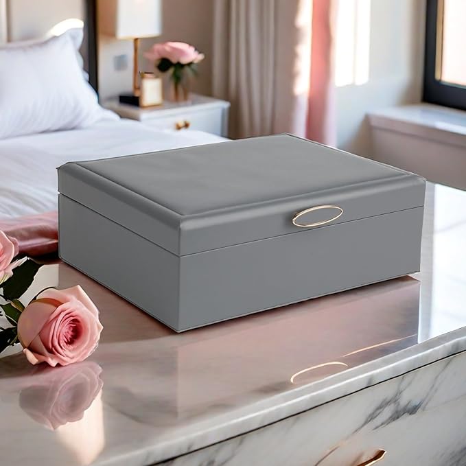 Small Jewelry Organizer for Women, 2-Layer Travel Jewelry Box with Portable Case, Necklace Ring Storage for Dresser, Girls Teens Gifts (Grey)