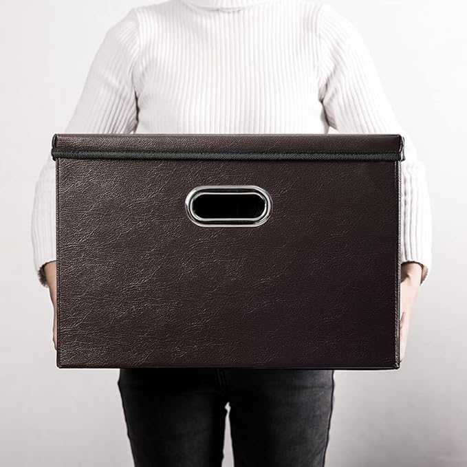 PRANDOM Large Foldable Storage Bins with Lids [3-Pack] Leather Fabric Collapsible Storage Boxes Organizer Containers Baskets Cube with Cover for Home Bedroom Closet Office Brown(17.7x11.8x11.8)