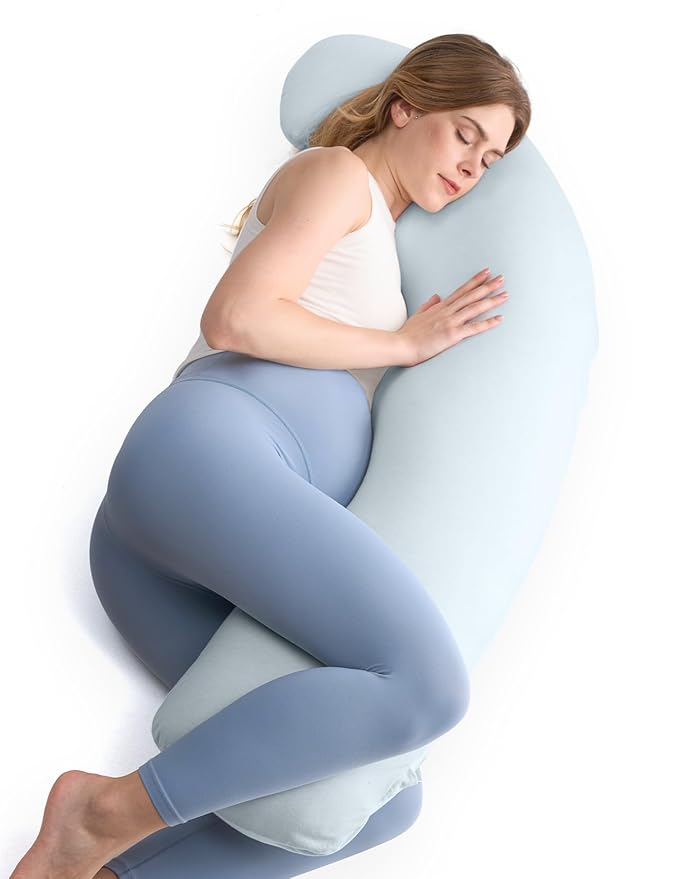 Momcozy Pregnancy Pillows for Side Sleeping, J Shaped Maternity Body Pillow for Pregnancy, Soft Pregnancy Pillow for Head Neck Belly Support, Blue