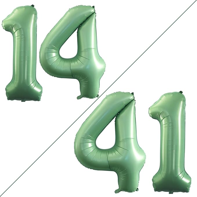 GOER Number 14 Balloons for 14th Birthday Sweet 14 Party Decorations,42 Inch Jumbo Foil Helium 41 Balloons for 41st Birthday Party Decoration (Sage Green)