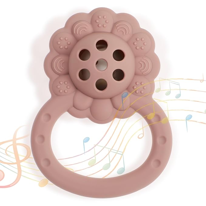 Rattle Teether, Lion Shape Montessori Baby Sensory Teething Toys, Food Grade Silicone BPA Free, Newborn Essentials Must Haves (Shifting Sand Dusty Lilac)