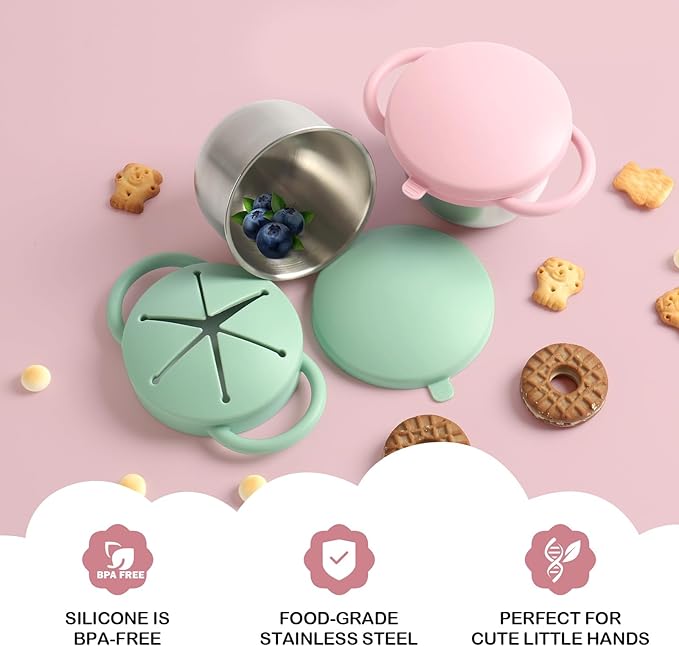 2 Pack Snack Cups for Toddlers Spill Proof - Detachable Stainless Steel Toddler Snack Cups with Silicone Lids & Handles - Dishwasher Safe Baby Snack Containers for Mess-Free Snacking (Green and Pink)
