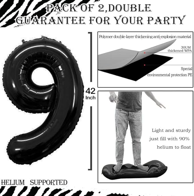 GOER Black Foil Balloons Number 9,Huge Number Balloons for 9th 19th 29th 39th 49th Birthday Party Supplies Anniversary Decorations (3 pcs,42 inch,32 inch,16inch)
