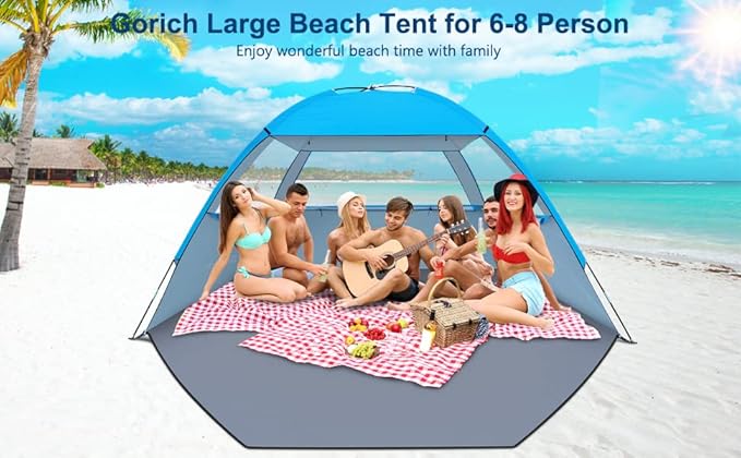 Gorich Beach Tent Sun Shelter for 3/4-5/6-7/8-10 Person with UPF 50＋ UV Protection, Lightweight & Easy Setup Beach Shade Canopy, Portable Beach Shade Tent Beach Cabana