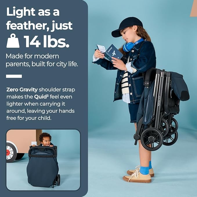 Inglesina Quid³ Stroller, Astral Blue - Compact Reclining Travel Stroller for Baby & Toddler 0-55 lbs, One Hand fold, Car seat Compatible, Airplane Overhead, Lightweight, Foldable, XL UPF 50+ Canopy