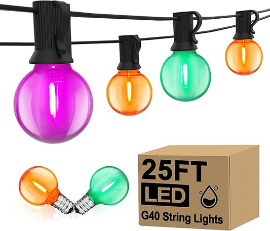 LED Outdoor String Lights 25Ft Orange Purple and Green Halloween Lights Outdoor with 27 Shatterproof LED Globe Bulbs, Connectable Halloween Decorations Lights for Home Patio Garden Christmas Party