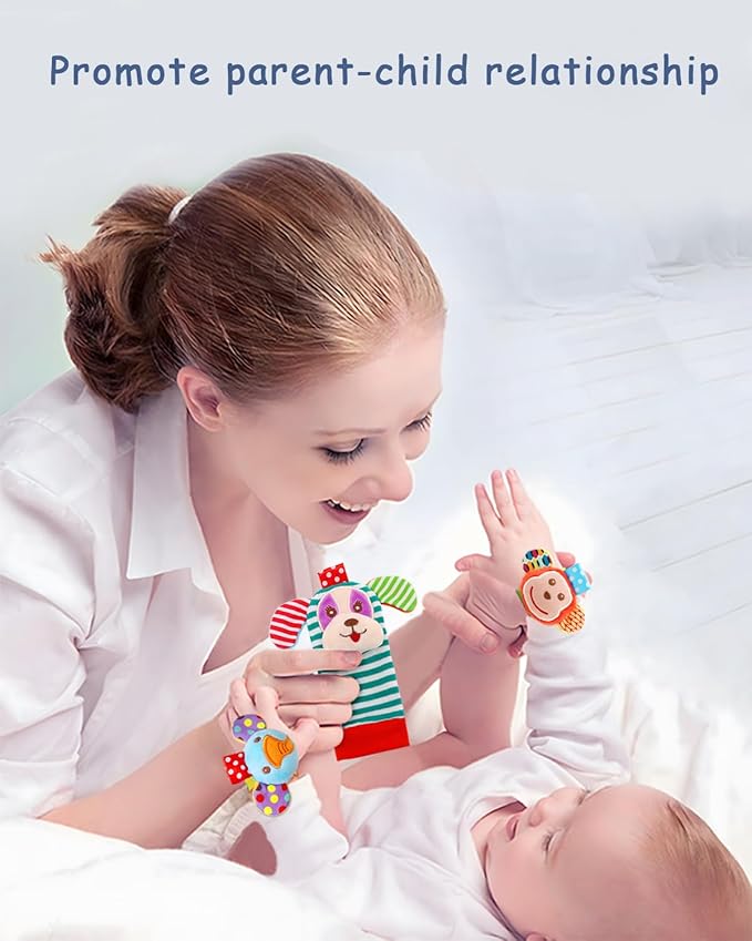 Infant Rattle Socks Toys 0 to 12 Months, Baby Wrist Rattle Foot Finder Socks Set, Birthday Holiday Present for Newborn Boy Girl 0/3/4/6/7/8/9/12/18 Months Kids Toddler, Gift Box Package (4A)