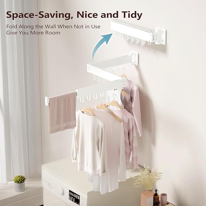 JAUREE Clothes Drying Rack Wall Mounted, Laundry Drying Rack Collapsible, Space Saving Wall Drying Rack Clothing Foldable, Tri-Fold Retractable Rack Outdoor Indoor with 18 Hooks, White