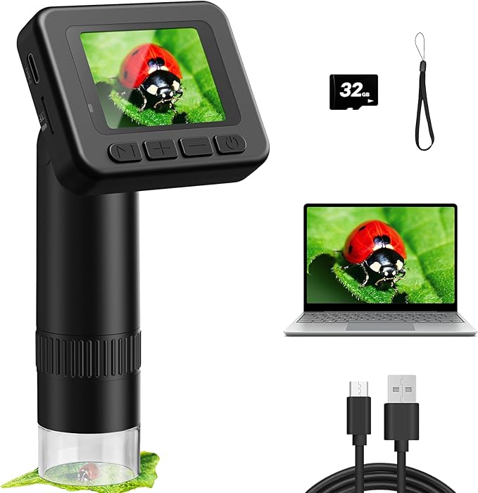 Handheld Digital Microscope D-KS2 with 2" IPS Screen - Take Pictures & Videos - Download to PC & Mac - 1000X Pocket Microscope for Kids/Adults with 32G SD Card - Use Indoors&Outdoors