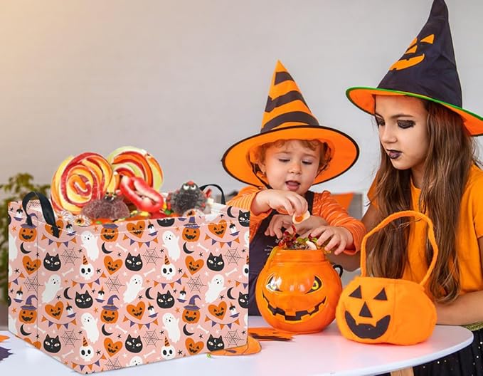 HIYAGON Rectangular Halloween Basket for Boys and Girls Kids Trick or Treat Pumpkin Basket for Halloween Parties Cute Storage Bin Organizer Box Room Decor(Pink Halloween)