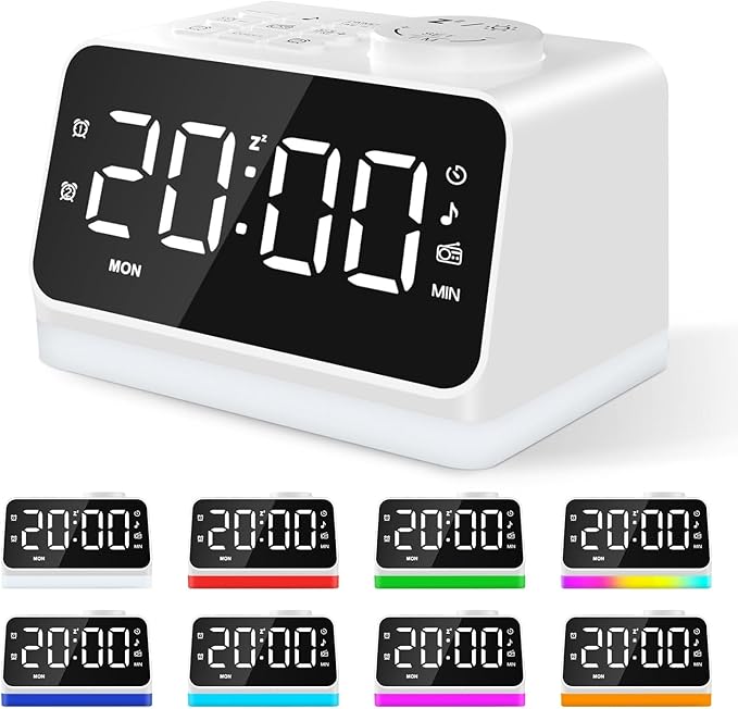 JALL Digital Alarm Clock with FM Radio for Bedroom, 8 Colors Night Light with 2 Charging Port, Sleep Sound Machines with Timer, Dual Alarm, Loud Alarm and Easy to Use for Seniors and Kids as Gift