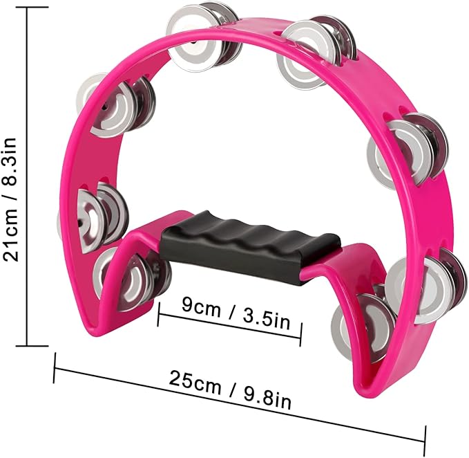 EastRock Tambourine,Metal Jingles Hand Held Percussion-Half Moon Tambourine for Kids, Adults, KTV, Party Pink