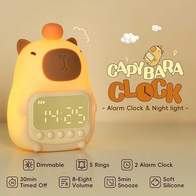 Capybara Alarm Clock with Night Light for Kids, Cute Alarm Clocks for Bedrooms Ok to Wake Clocks, Silicone Animal Tabletop Lamp for Teen Girls Boys
