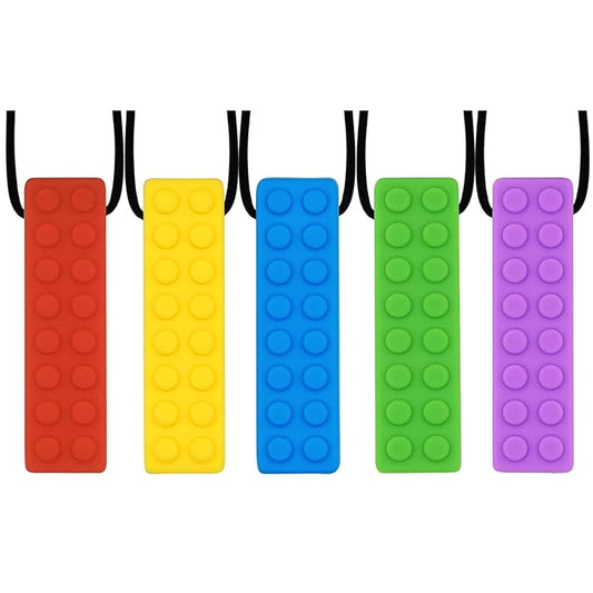 Chew Necklaces for Sensory Kids, 5PCS Building Block Silicone Chewy Necklace for Boys and Girls with Autism Biting Chewing, BPA Free Teether Toys for Baby Toddler and Infant Teething