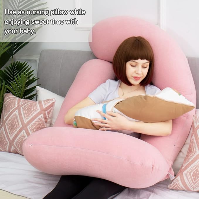 AS AWESLING 60in Full Body Pillow | Nursing, Maternity and Pregnancy Pillow | Extra Large U Shape Pillows with Detachable Side, Separate Support Pillow and Removable Cover Velvet (Light Pink)