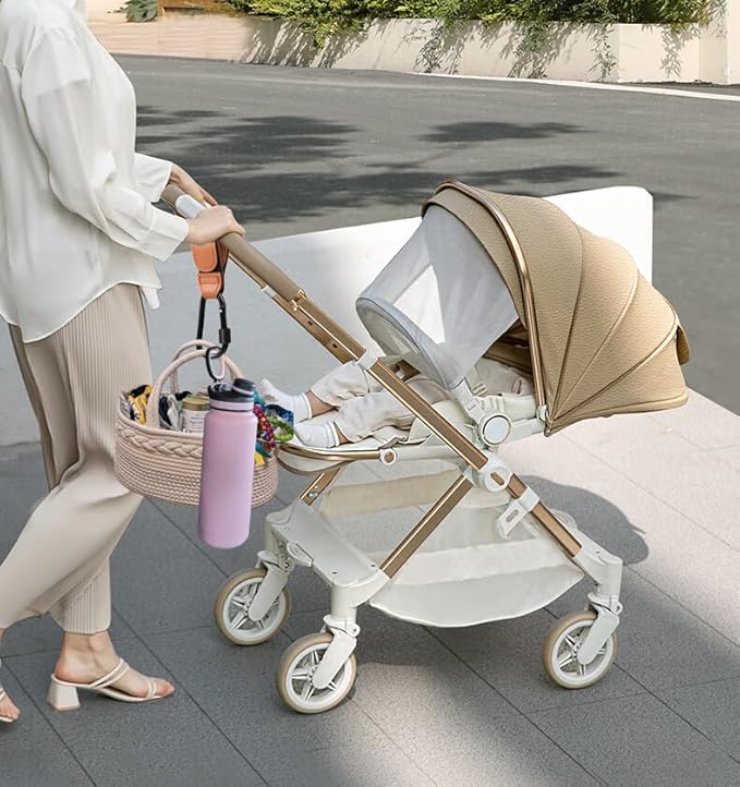 3 Pcs Baby Stroller Hook, Carry 20 lbs per Stroller Carabiner Clip, Adjustable Baby Stroller & Car Seat Hook for Hanging Diaper Bag, Wheelchair, Shopping and Pet Cart(Leather)