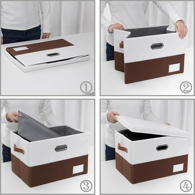 PRANDOM Foldable Storage Bins with Lids [3-Pack] Fabric Collapsible Storage Boxes Baskets Cubes Containers with Handles for Closet Living Room Bedroom (Brown & White 17.7x11.8x11.8'')