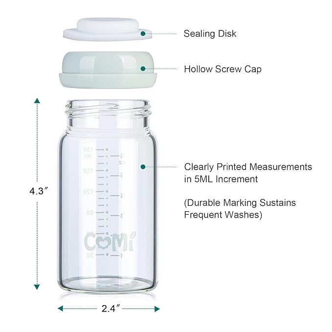 COMI Wide Neck Glass Breastmilk Collection n Storage Bottle, 4 Packs, 6oz with Screw Ring Sealing Disk; Re-markable Sealing Disc. BPA Free, Fits Breast Pumps & Nipples (2 Gray Lids + 2 Pink Lids)