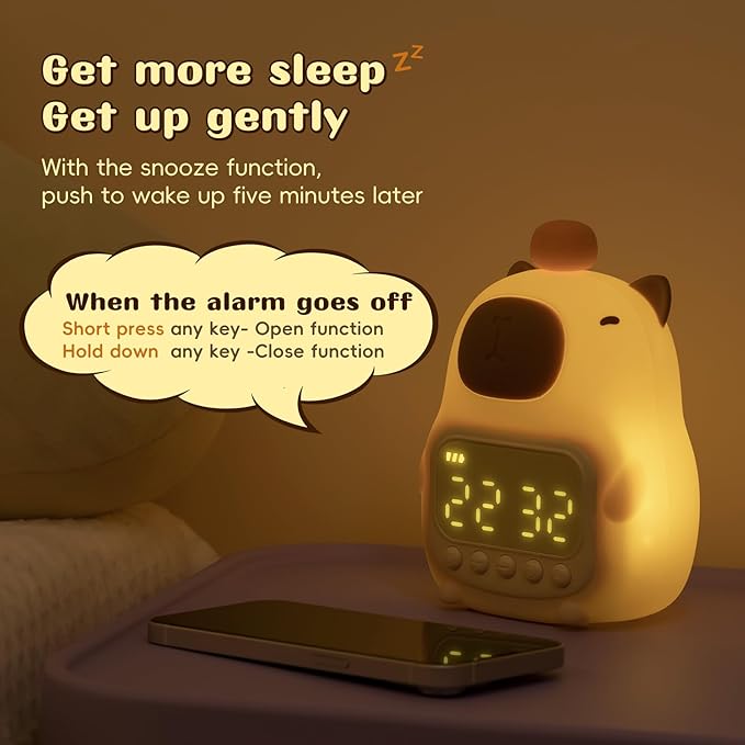 Capybara Alarm Clock with Night Light for Kids, Cute Alarm Clocks for Bedrooms Ok to Wake Clocks, Silicone Animal Tabletop Lamp for Teen Girls Boys
