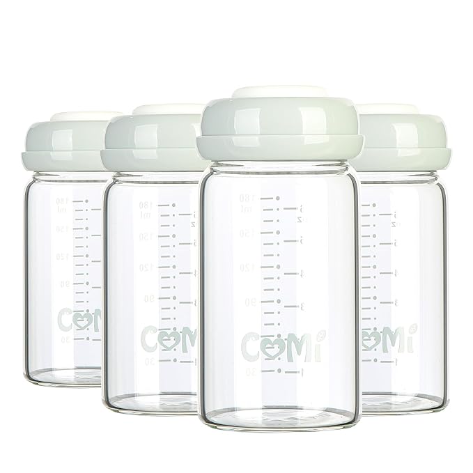 COMI Wide Neck Glass Breastmilk Collection n Storage Bottle, 4 Packs, 6oz with Screw Ring Sealing Disk; Re-markable Sealing Disc. BPA Free, Fits Breast Pumps & Nipples (4 Gray Lids)