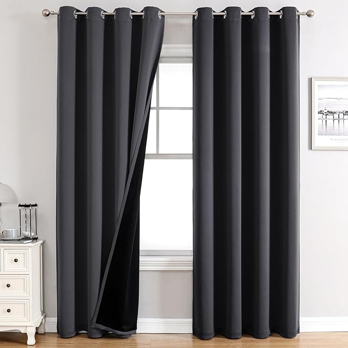 ChrisDowa 100% Blackout Curtains 108 inch Long for Bedroom with Black Liner, 2 Thick Layers Total Blackout Thermal Insulated Grommet Window Curtains 2 Panels Set (Dark Grey, 52 x 108 Inch)
