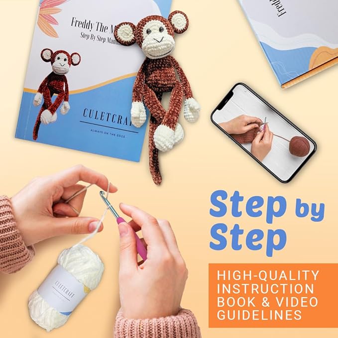 CULETCRAFT Crochet Kit for Beginners Adults, Freddy The Monkey DIY Crochet Animal Kit for Beginners, Learn to Crochet with Step-by-Step Instruction Book, Beginner Crochet Kit for Adults and Kids