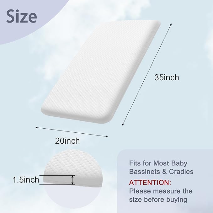 Lisara Baby Bassinet Mattress, 35 x 20 Dual Sided Gel Memory Foam Mattress with Waterproof, Removable and Breathable Ice Silk Cover, Fit for ANGELBLISS/AMKE/Bellababy/Yamesmile/Besrey Baby Bassinet
