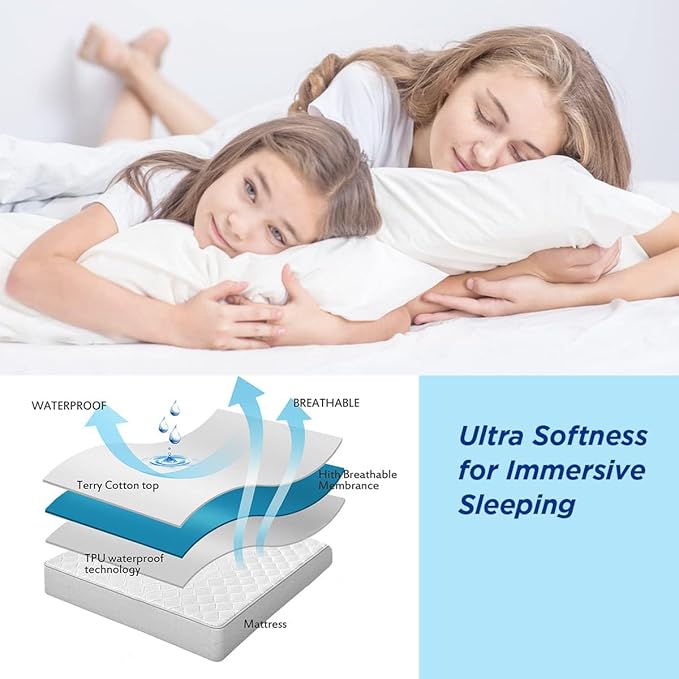 Waterproof Mattress Pad Protector Cotton Hypoallergenic Breathable Mattress Pad Cover, Deep Pocket
