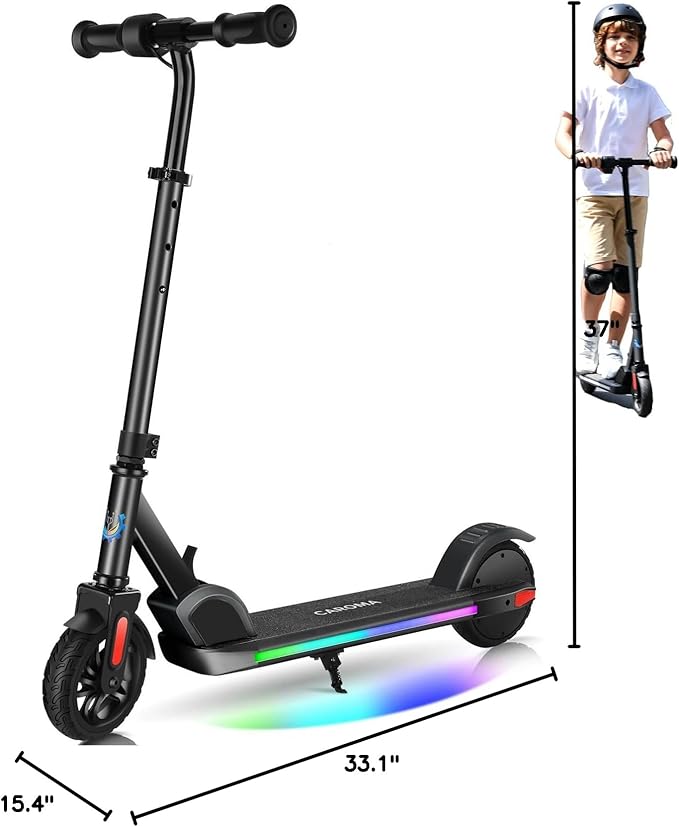 Caroma Electric Scooter for Kids Ages 6-12,150W/180WMotor,10 MPH Max Speed & 7 Miles,Colorful Lights,Adjustable Height & Speed,LED Display,Foldable Kids Electric Scooter 132 Lbs Max Load,Idea Gift
