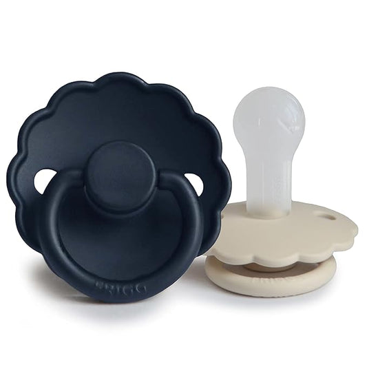 FRIGG Daisy SilkySoft Silicone Baby Pacifier | Made in Denmark | BPA-Free (Dark Navy/Sandstone, 6-18 Months)