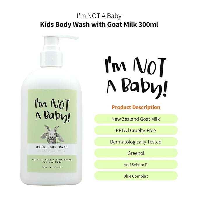 I'm NOT A Baby! Kids Body Wash– Dermatologist Tested, Allergen free, Cruelty-free, PETA, Gentle for Kids, Goat Milk, 10 Fl Oz