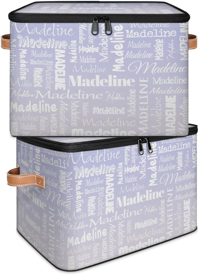 Custom Storage Basket with Name, Personalized Storage Bins with Zipper Lid, Foldable Fabric Storage Box Large capacity with Handle Purple White