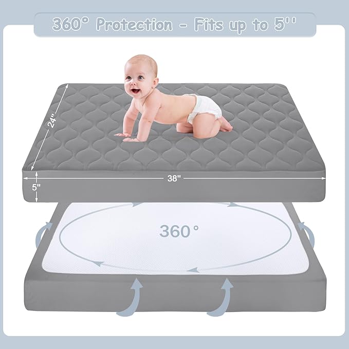 Yoofoss Waterproof Mini Crib Mattress Protector, Quilted Baby Mattress Pad Cover Soft and Breathable, Machine Washable Portable Mattress Protector for Standard Mini Crib Size 38"X24" - Dark Grey
