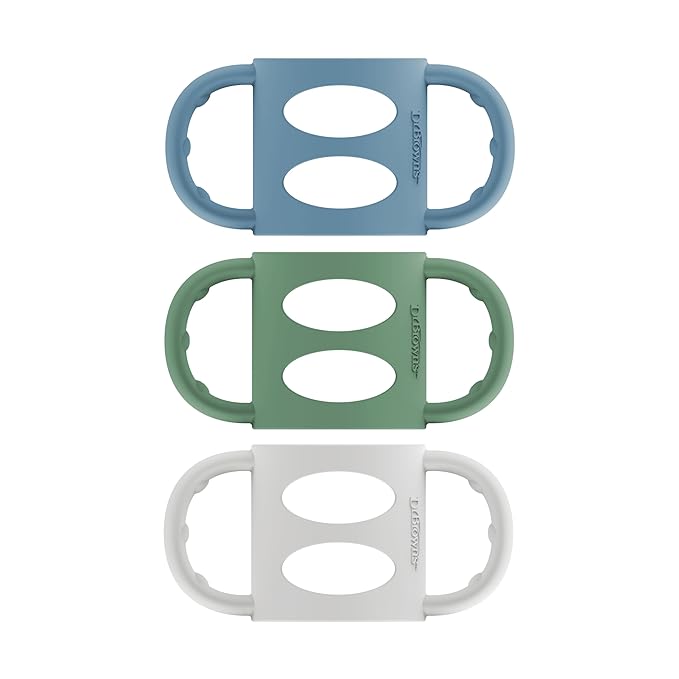 Dr. Brown's Narrow Baby Bottle Handles, 100% Silicone, Easy Grip Removable Handles for Bottle to Sippy Cup Transition, Blue/Gray/Green, 3-Pack, 4m+