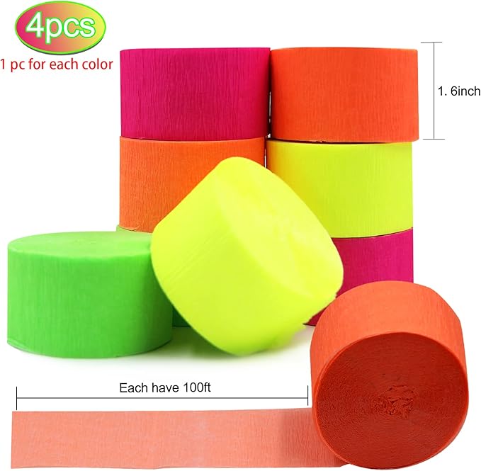 400Feet Glow in The Dark Party Supplies Streamers Glow Crepe Paper Streamer UV Blacklight Fluorescent Neon Paper Streamers for Glow Party Supplies and Decorations Wedding Birthday Party Decorations