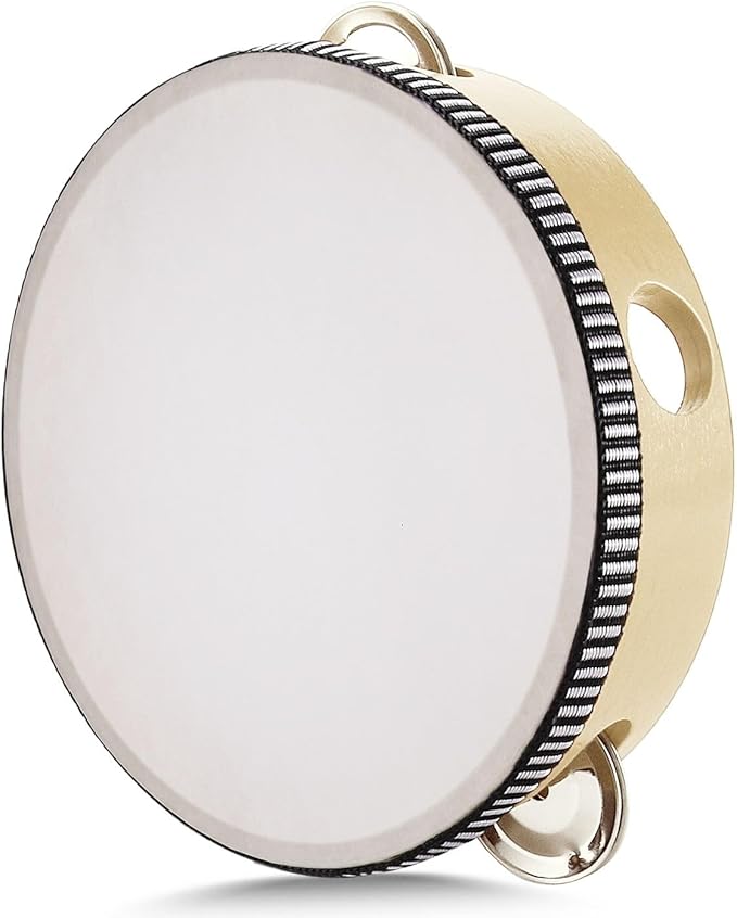 Flexzion Wooden Round Tambourine for Kids and Adults 6" Inch Single Row 8 Pair Jingles, Wood Handheld Percussion Instrument for Beginner and Professional Tambourine Player