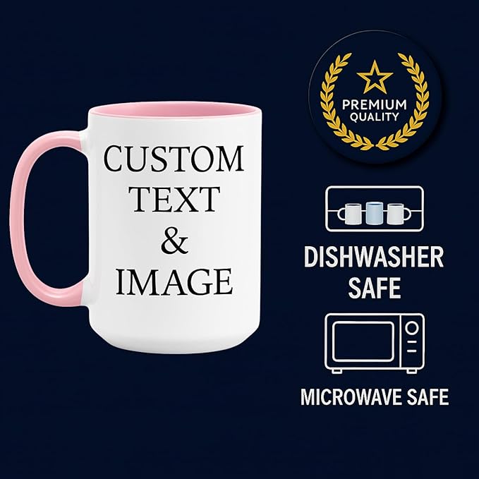Customized 15oz Ceramic Coffee Mugs with Personalized Text and Photo Image Upload Novelty Gift, Personalize With Different Design And Images, Custom Gift (Pink)