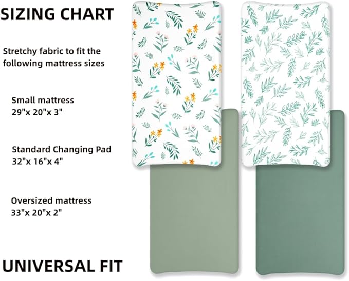 4 Pack Sage Green Fitted Nursery Sheets Breathable Neutral Unisex Baby Sheets for Boys or Girls with Leaf and Flower Design (Changing Pad Cover)