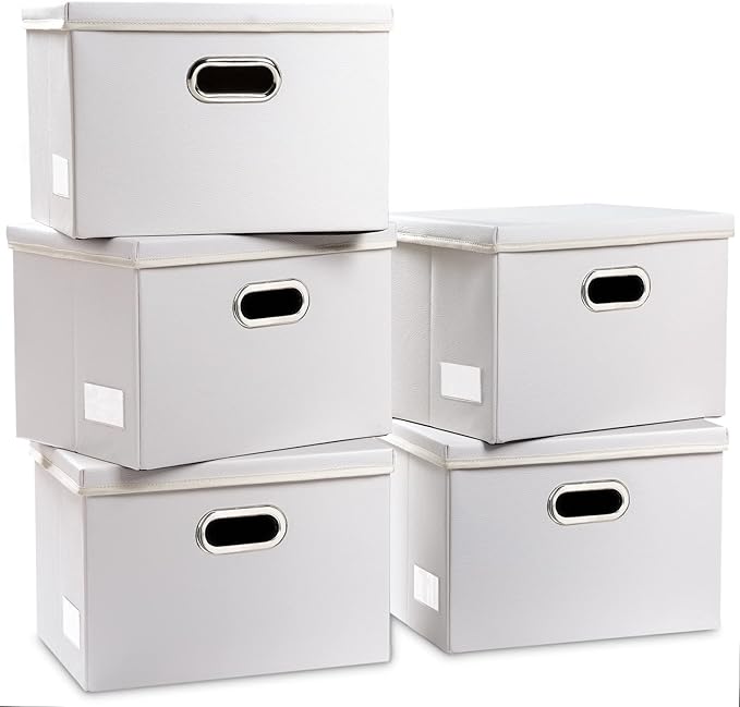 PRANDOM Foldable Storage Bins with Lids [5-Pack] Leather Fabric Collapsible Storage Boxes Organizer Containers Baskets Cube with Cover for Bedroom Closet Office Nursery White (14.9x10.8x10)