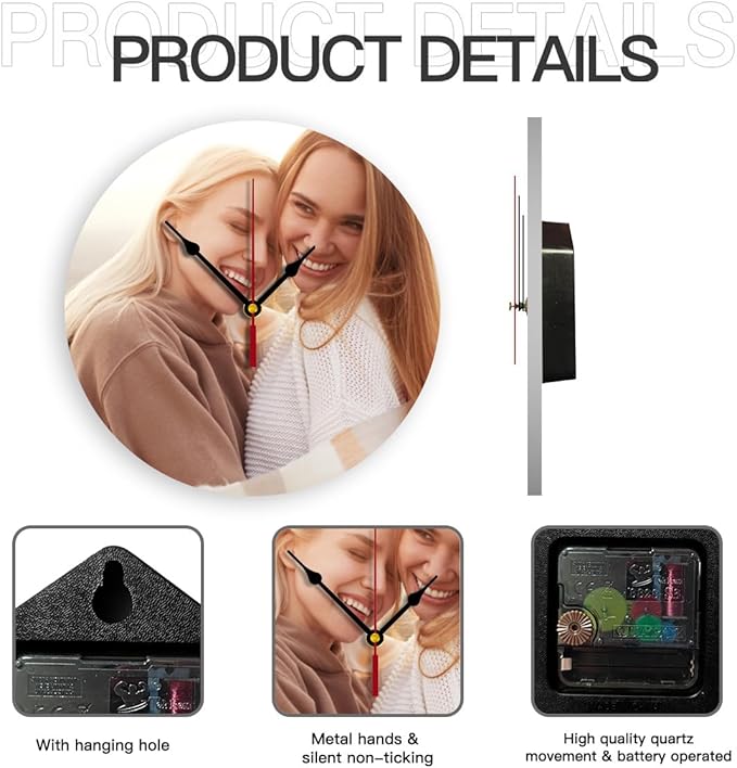 Generic Custom Clocks for Walls Personalized Clocks with Picture Silent Non Ticking Round Decoration for Kitchen Wedding Friend Family Lover, 12inch-30cm