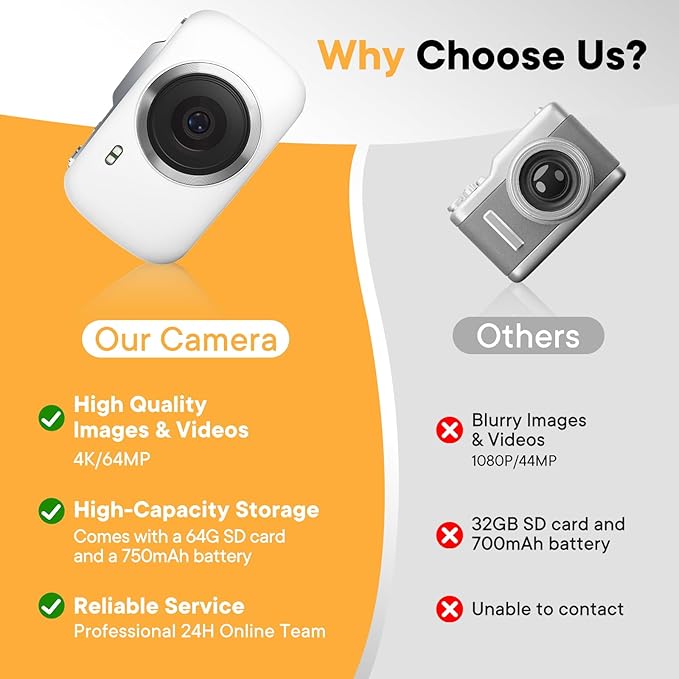 Digital Camera 4K 64MP - Vlogging Camera for Kids & Beginners | 18X Zoom Point and Shoot Camera Anti Shake, Compact with Flash, Gift for Boys Girls(White+Silver)