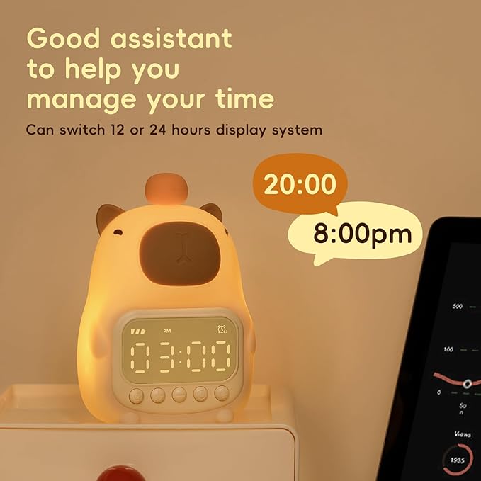Capybara Alarm Clock with Night Light for Kids, Cute Toddler Alarm Clocks for Bedrooms Ok to Wake Clocks for Girls and Boys, Silicone Animal Tabletop Lamp for Kid, RGB Color